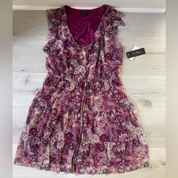 City Studio Juniors' WINE‎ Paisley Floral Mesh Fit & Flare Mini Dress L Nwt - Picture 4 of 5
